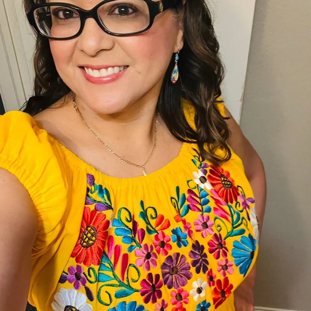 Yellow Mexican theme embroidered flowers Off-Shoulder Puff Sleeve Sundress sz xl - Picture 6 of 11